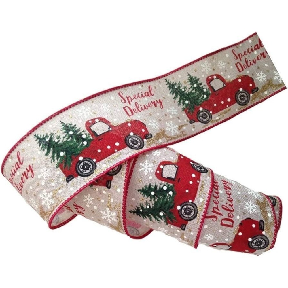 Red Truck Christmas Tree Presents 2.5 inch x 50 Yards, Premium Wired Ribbon New! - Picture 4 of 4